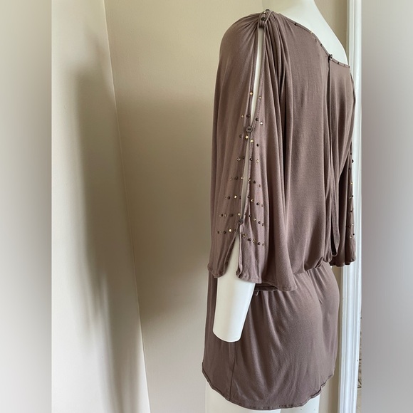 Vintage Y2K Cache Tunic Mini Dress Cold Shoulder Honey Beige Size Medium - Picture 7 of 15